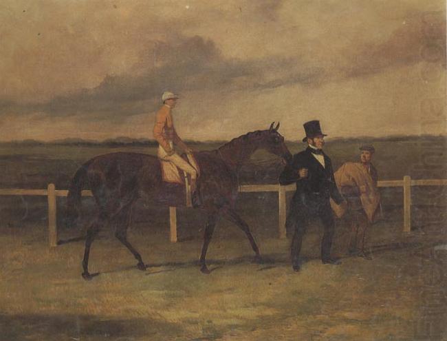Mr J B Morris Leading his Racehorse 'Hungerford' with Jockey up and a Groom On a Racetrack, Harry Hall